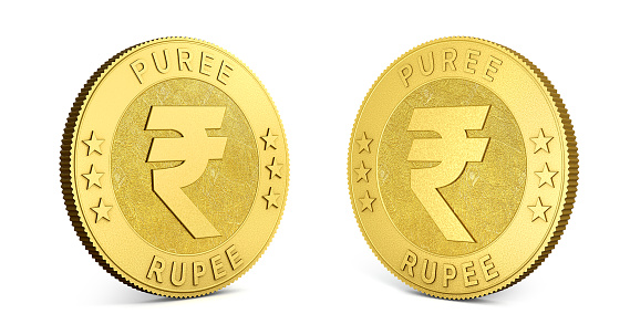 Gold coins with Indian Rupee sign isolated on a white background. 3d illustration. 3d rendering.