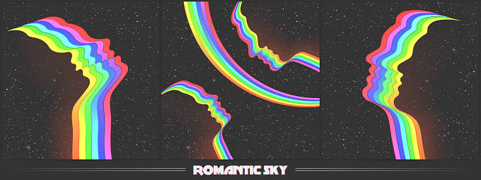 Couple silhouette in space. Abstract LGBT rainbow