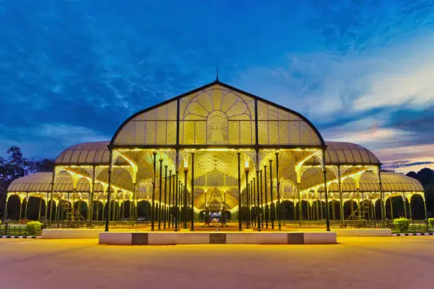 Photo of Bangalore India, night city skyline at Lalbagh Park glass house