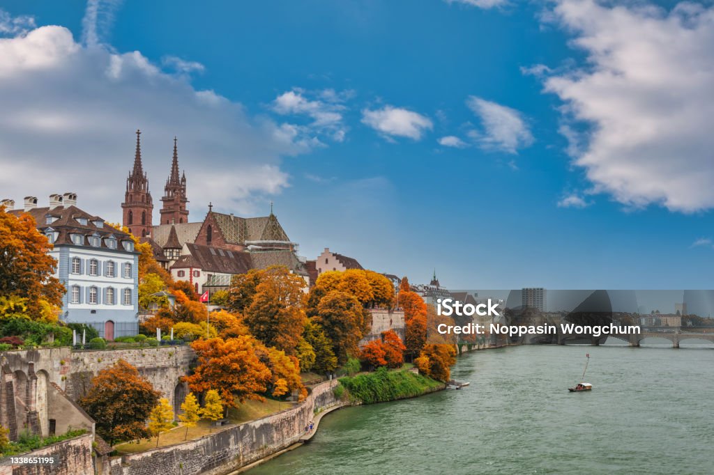 Basel Switzerland, city skyline at Rhine River with autumn foliage season Basel - Switzerland Stock Photo