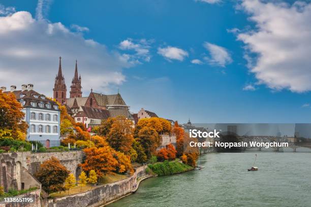 Basel Switzerland City Skyline At Rhine River With Autumn Foliage Season Stock Photo - Download Image Now