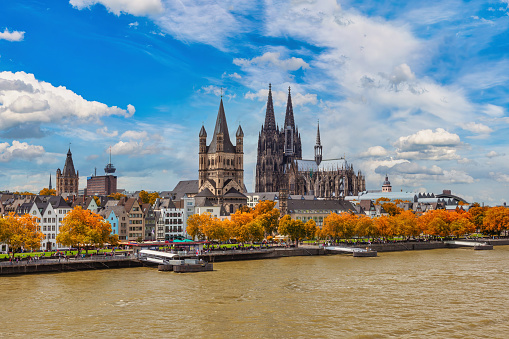 Cologne Germany, city skyline at Cologne Cathedral (Cologne Dom) and Rhine River with autumn foliage season