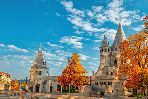 Budapest Hungary, city skyline at Fisherman's Bastion with autumn foliage season