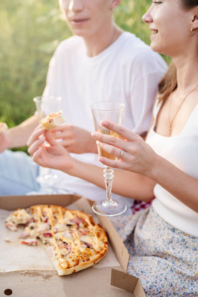 istock Young couple having picnic on sunflower field at sunset 1338652592