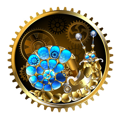 Mechanical snail made of brass, metal parts with luminous, transparent, blue, spiral shell, decorated with gears in circle with brown gears on  white background. Steampunk style.