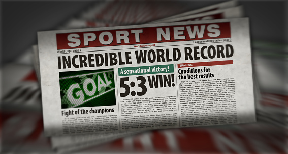 Sport news competition record newspaper print. Vintage press abstract concept. Retro 3d rendering illustration.