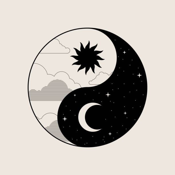 ikona dnia i nocy. abstrakcyjne proste elementy projektu koła ze słońcem i księżycem - spirituality star night sun stock illustrations