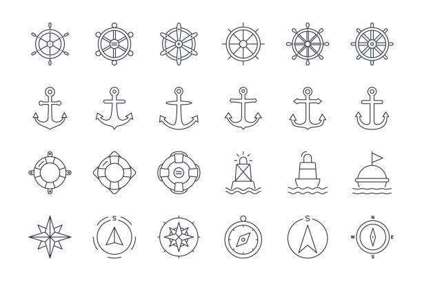 stockillustraties, clipart, cartoons en iconen met vector icons of ship steering wheel, anchor, lifebuoy and buoy, compass, wind pose. editable stroke. set of linear nautical icon - baken