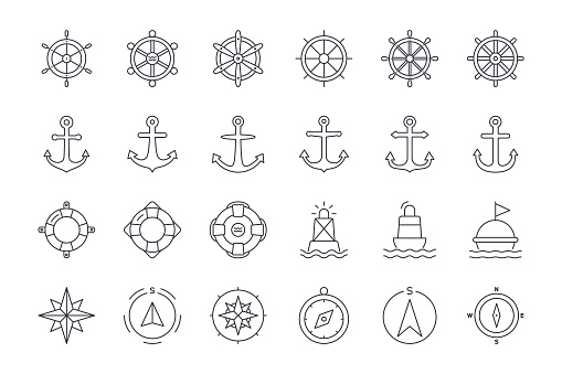 Vector icons of ship steering wheel, anchor, lifebuoy and buoy, compass, wind pose. Editable stroke. Set of linear nautical icon.