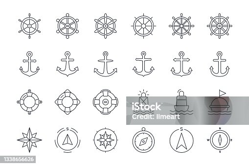 istock Vector icons of ship steering wheel, anchor, lifebuoy and buoy, compass, wind pose. Editable stroke. Set of linear nautical icon 1338656626