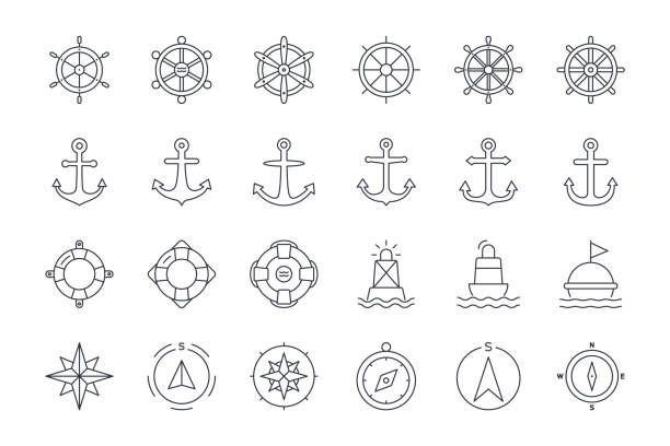 Vector icons of ship steering wheel, anchor, lifebuoy and buoy, compass, wind pose. Editable stroke. Set of linear nautical icon Vector icons of ship steering wheel, anchor, lifebuoy and buoy, compass, wind pose. Editable stroke. Set of linear nautical icon. rudder stock illustrations