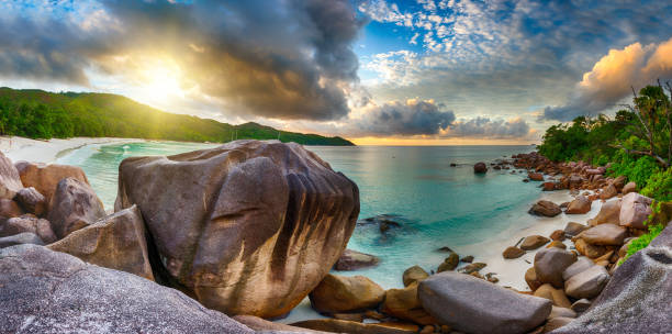 istock Sunset over Anse Lazio beach in Seychelles 1338656671