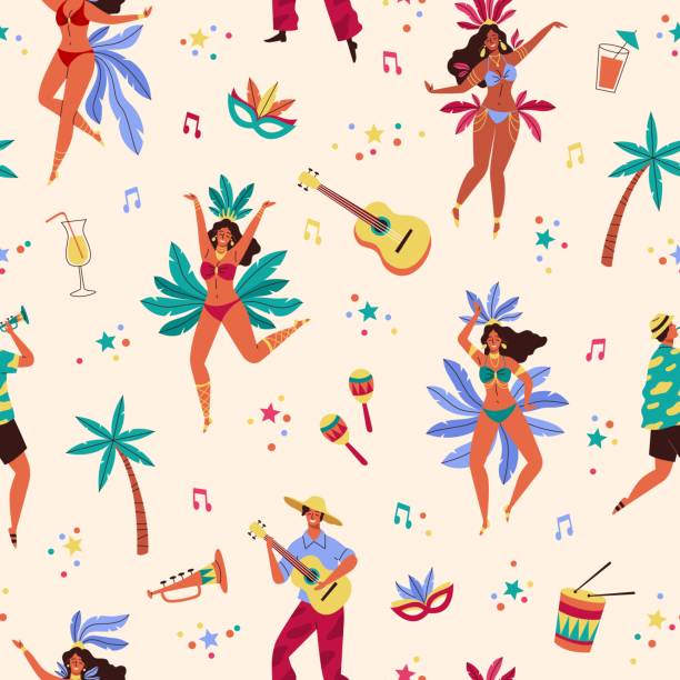 ilustrações de stock, clip art, desenhos animados e ícones de seamless pattern brazil carnival. rio music fest elements, dancing happy people, man with guitar and trumpet, samba holiday party. decor textile, wrapping paper wallpaper vector modern print - samba dancing rio de janeiro carnival brazilian