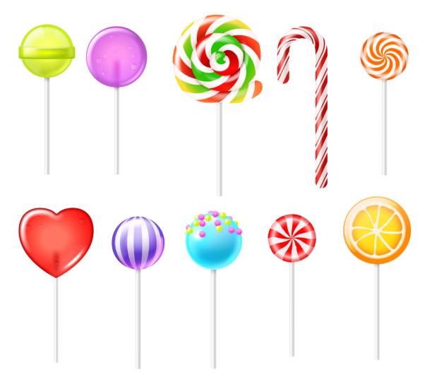 Realistic lollipops. Color sweets different types, sugar food, bright candies, traditional christmas cane, round spiral on stick, red heart. Colorful confectionery for kids. Vector set Realistic lollipops. Color sweets different types, sugar food, bright candies, traditional christmas cane, round spiral on stick, red heart. Colorful confectionery for kids. Vector 3d isolated set lollipop stock illustrations