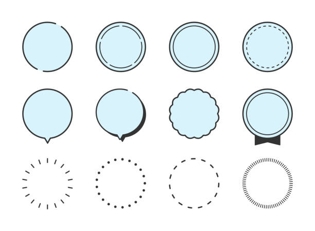 Illustration set of frames for circles, round shapes, callouts, headings, points, labels. Illustration set of frames for circles, round shapes, callouts, headings, points, labels. (line drawing, light blue background, simple version) リボン stock illustrations
