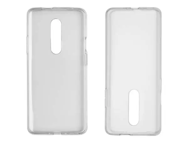 Photo of Two images of a silicone, transparent, protective phone case on the front and back sides. on a white background