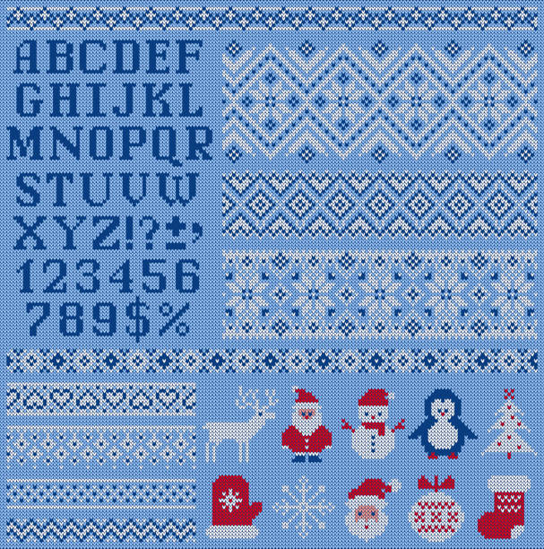 Knitted sweater borders, elements and letters for Christmas design. Scandinavian ornaments. Knitted sweater patterns, elements and alphabet for Christmas,  New Year or winter design. Vector set. Scandinavian seamless ornaments, letters, Santa, snowflake, Christmas tree, deer, snowman, etc. christmas sweater stock illustrations