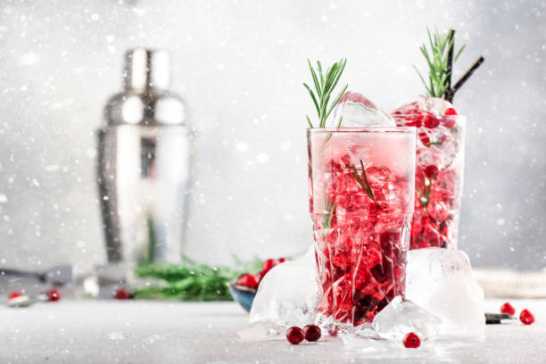 cocktail alcolico invernale con bacche di mirtillo rosso, liquore, gin, rosmarino e vodka per natale o capodanno. impostazione della tavola delle vacanze - cranberry juice foto e immagini stock