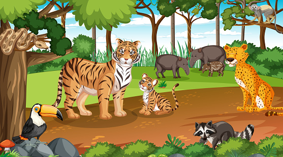 Wild animals in forest scene with many trees illustration