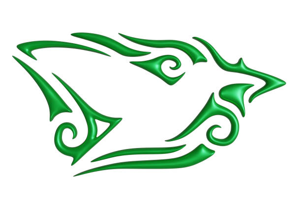 Beautiful 3d illustration with colorful green vintage pattern around white hummingbird silhouette
