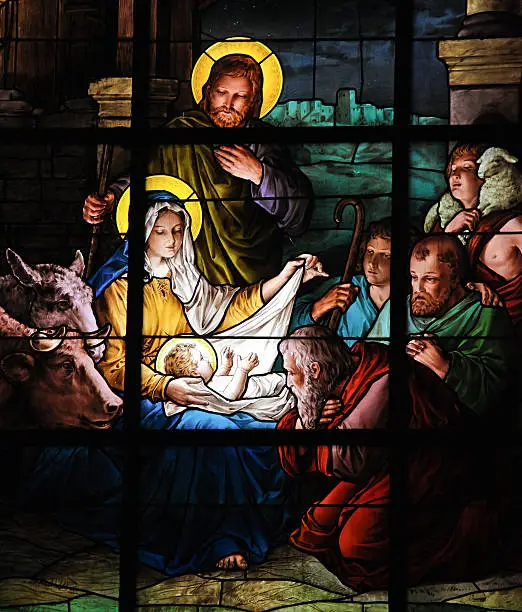 Stained glass window created by F. Zettler (1878-1911) at the German Church (St. Gertrude's church) in Gamla Stan in Stockholm, depicting a Nativity Scene. 