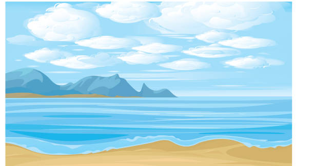 ilustraciones, imágenes clip art, dibujos animados e iconos de stock de ilustración vectorial. hermoso paisaje del mar y nubes del cielo. - seascape