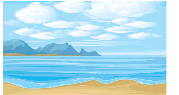 illustrazioni stock, clip art, cartoni animati e icone di tendenza di illustrazione vettoriale. bellissimo paesaggio di mare e cielo con le nuvole. - sabbia illustrazioni
