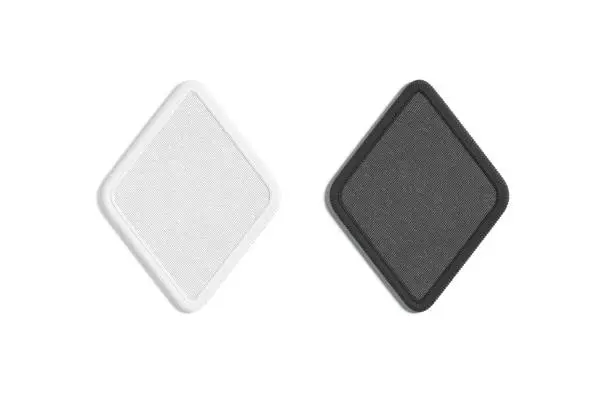 Photo of Blank black and white rhombus embroidered patch mockup, top view