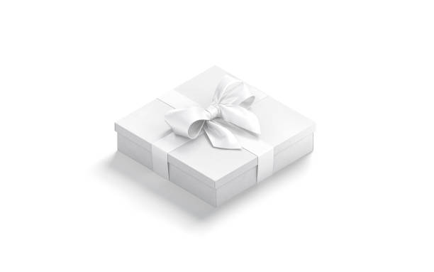 istock Blank white gift box with ribbon bow mockup, side view 1338671716