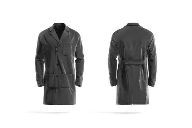 istock Blank black medical lab coat mockup, front and back view 1338672056