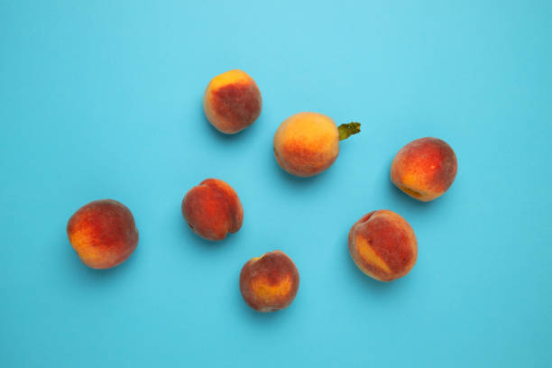 istock Flat lay composition with fresh peaches on blue background. Fresh organic fruit, vegan food. Harvest concept. 1338672454