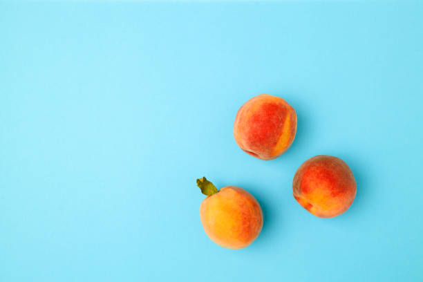 istock Flat lay composition with fresh peaches on blue background. Fresh organic fruit vegan food. Harvest concept 1338672479