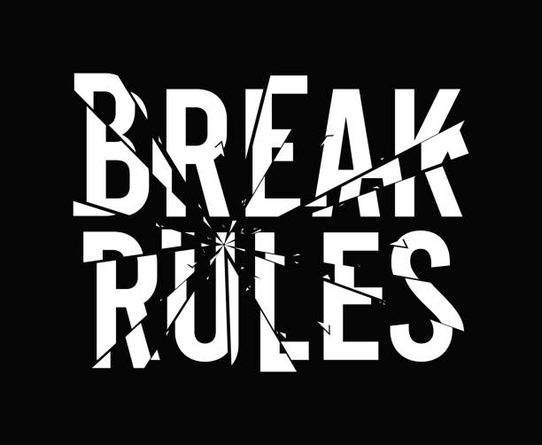 break rules - slogan für t-shirt-design mit glasscherbeneffekt. typografie-grafiken für t-shirt, bekleidungsdruck-design mit glasscherben und text - brechen sie die regeln. vektor - breaking glass cracked broken stock-grafiken, -clipart, -cartoons und -symbole