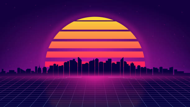 Retro futuristic night cityscape. Retrowave and synthwave style illustration of night city skyline. Retro poster, banner or flyer design in 1980s style. Retro futuristic night cityscape. Retrowave and synthwave style illustration of night city skyline. Retro poster, banner or flyer design in 1980s style. Vector. midnight illustrations stock illustrations