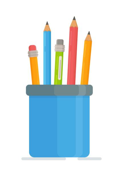 ilustrações de stock, clip art, desenhos animados e ícones de buying school stationery for school or university. vector illustration of an insulated pencil and pen jar. all accessories for drawing courses. drawing or geometry lesson. - signature isolated fountain pen