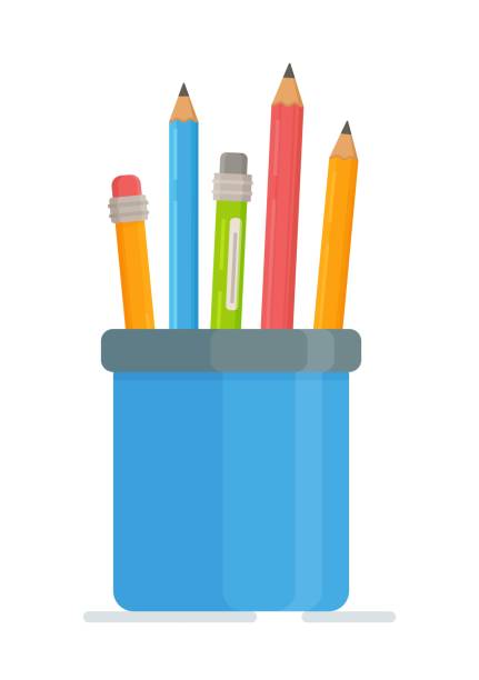 Buying school stationery for school or university. Vector illustration of an insulated pencil and pen jar. All accessories for drawing courses. Drawing or geometry lesson. Vector illustration of an insulated pencil and pen jar. All accessories for drawing courses. Buying school stationery for school or university. Drawing or geometry lesson. Exam preparation. Doing homework. Back to school. pen fountain pen writing isolated stock illustrations