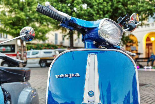 close up of the front of the vespa rally, symbol of italian design - vespa scooter imagens e fotografias de stock