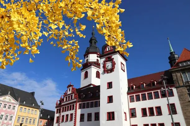 Chemnitz city in Germany (State of Saxony). Neumarkt square - Old City Hall.- Autumn leaves - autumn season view.