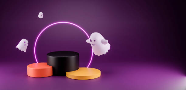 istock 3D Render Halloween Product display stage for presentation. Spooky ghost with podium 1338682975