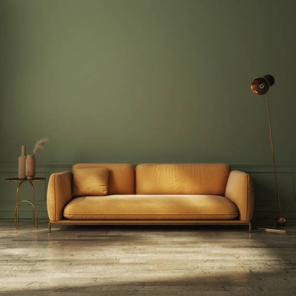 istock Modern dark green home interior with yellow couch, home decoration 1338683090