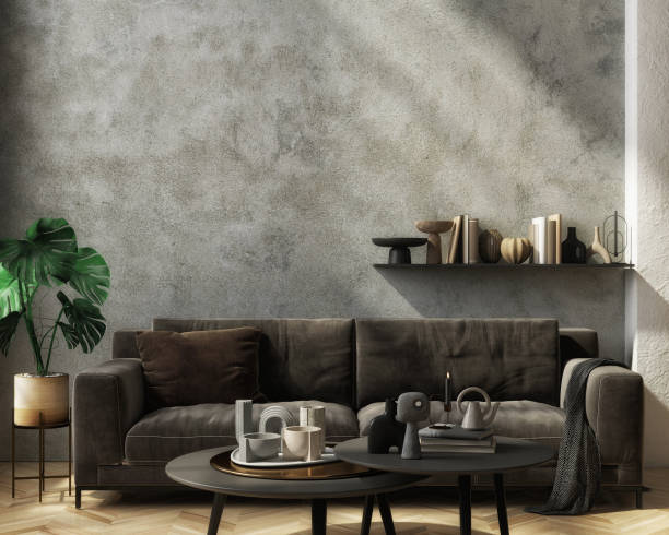 istock Modern home interior mock-up with dark sofa, table, and decoration in the living room 1338683092