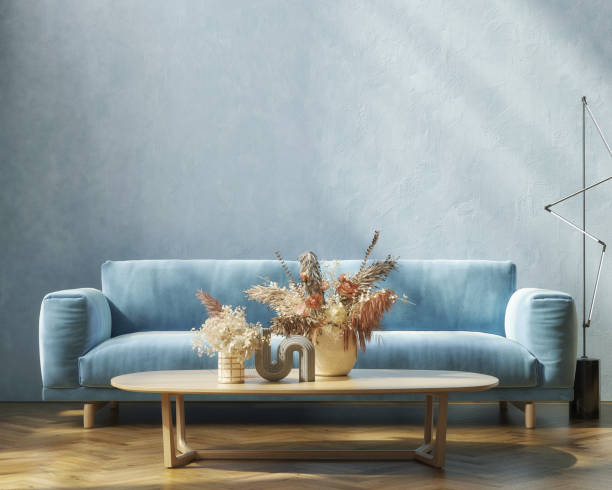 istock interior mockup design, Blue wall, sofa, and home decoration, living room, 1338683107