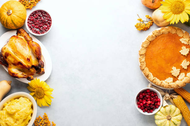 Thanksgiving greeting card background or festive dinner invitation template Thanksgiving traditional food menu background or festive dinner invitation template with copy space for a text happy thanksgiving stock pictures, royalty-free photos & images