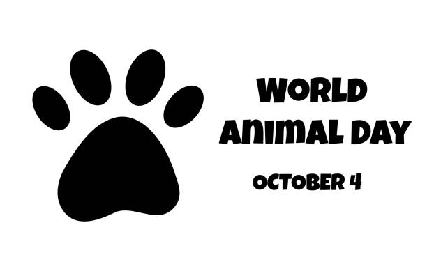 stockillustraties, clipart, cartoons en iconen met world animal day, october 4 - minimalistic holiday banner.  dog or cat pet paw flat silhouette. isolated vector illustration on white background. black and white print, greeting card or web banner. - dierendag