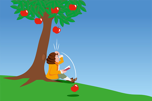 Newton's scientific discovery that includes the principle of gravitation, receiving an apple on his head.
