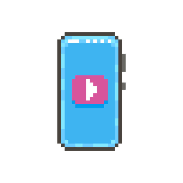 simple flat pixel art illustration of modern smartphone with sign of the mobile application of the video player on the screen colorful simple flat pixel art illustration of modern smartphone with sign of the mobile application of the video player on the screen phone cover isolated stock illustrations