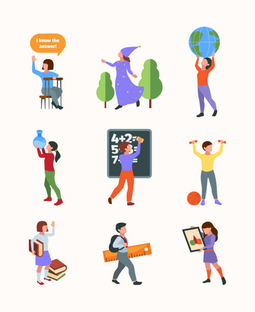 School kids. Lesson students people education learning persons with accessories notebook paper pencils garish vector school in flat style School kids. Lesson students people education learning persons with accessories notebook paper pencils vector school in flat style. Illustration of education people at lesson, student at school study back to schoo stock illustrations