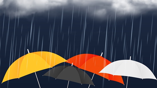 Monsoon sale banner. Colorful umbrellas and rainy clouds. Autumn rain weather, realistic vector illustration