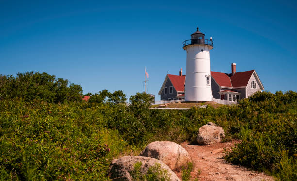 맑은 푸른 하늘을 배경으로 보도와 바위가 있는 녹색 언덕 위의 화이트 노브스카 라이트 - lighthouse massachusetts beach coastline 뉴스 사진 이미지