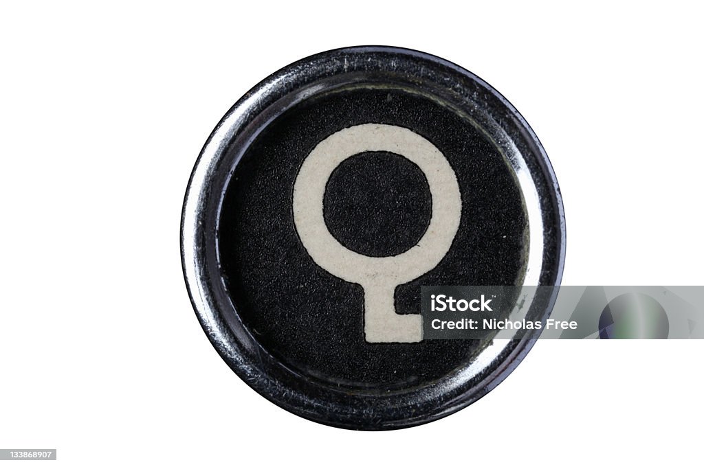 Isolated Letter Q Vintage Typerwriter Keys. On pure White Background. Clean of dust and dirt. Scratched corroded and worn to give real character. Alphabet Stock Photo